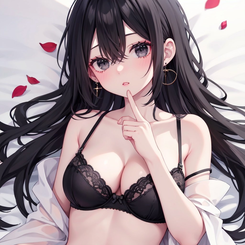 1girl,bug,butterfly,underwear,black hair,solo,bra,black bra,long hair,breasts,earrings,jewelry,strap slip,black eyes,looking at viewer,upper body,lying,on back,finger to mouth,bangs,parted lips,bare shoulders,collarbone,medium breasts,hair between eyes,petals,cleavage,lace trim,lace,