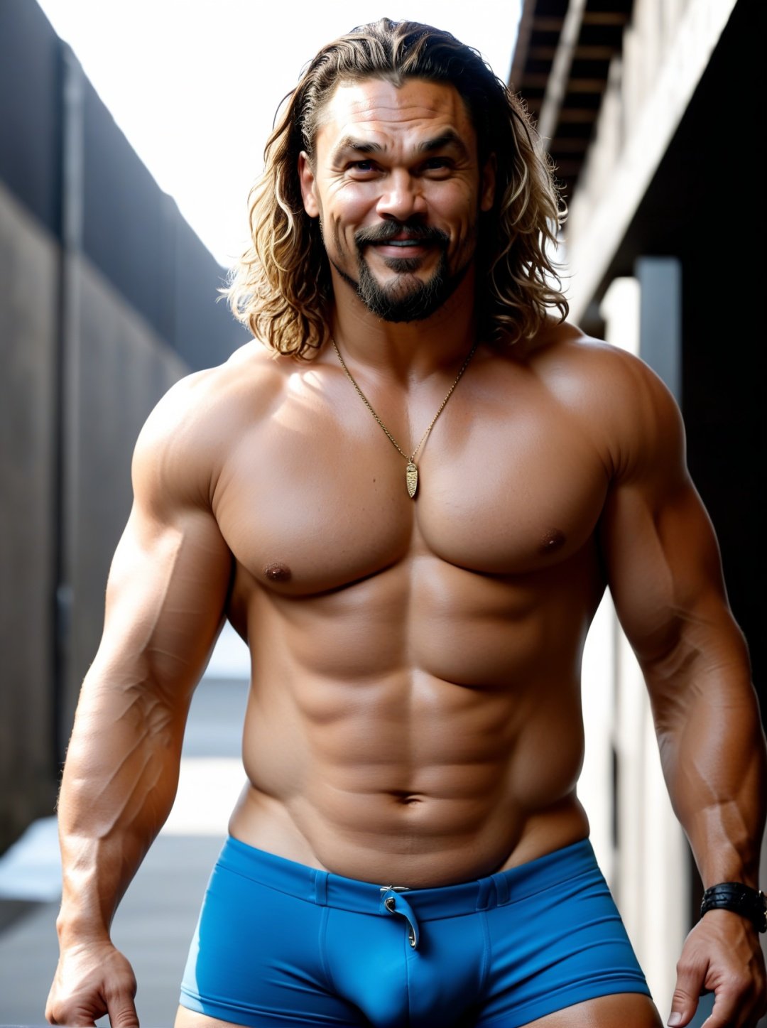 masterpiece realistic, best high quality, 1man,Jason Momoa,musclar, blue eyes, wear short briefs,hanging thick penis,naked, (overweight:1.1),older man(40 years old:1.3),with hands on his waist and hip,chest forward, (hairy body:1.331),spread legs,thick penis,grinning,(body hair and pubic hair:1.331), (worm's eye view:0.4),feet outside, <lora:XL_xpenis-1.4:.07>