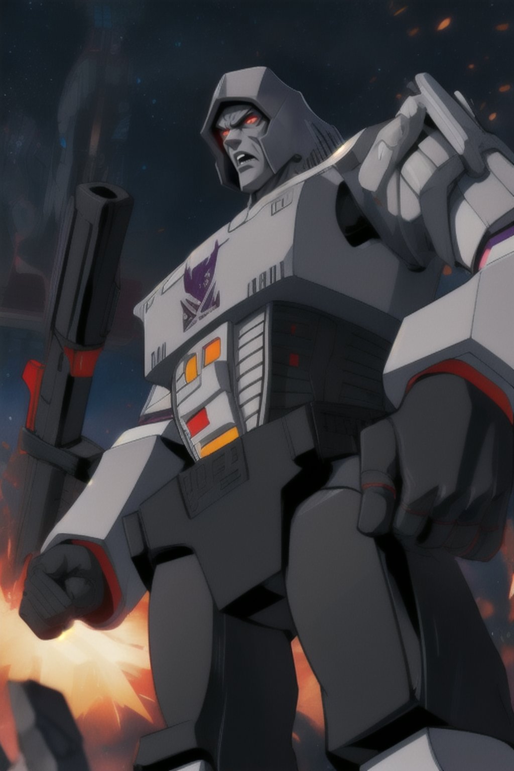 1 male,megatron,metalic skin,red eyes,gray skin,blind eyes,heavy muscular,black hands,shouting in rage,giant size.,Megatron G1