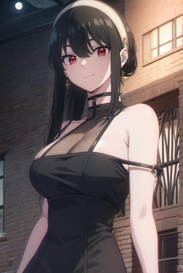 yorbriar, <lyco:yor briar s1-lyco-nochekaiser:1>, yor briar, black hair, (red eyes:1.5), earrings, white hairband, hairband, long hair, sidelocks, smile,BREAK thighhighs, gloves, dress, cleavage, jewelry, earrings, black gloves, black thighhighs, fingerless gloves, (black dress:1.5), choker, bare shoulders, collarbone, strap,BREAK outdoors, night, city, sky, moon, clouds, star \(sky\),BREAK looking at viewer, (cowboy shot:1.5),BREAK <lyco:GoodHands-beta2:1>, (masterpiece:1.2), best quality, high resolution, unity 8k wallpaper, (illustration:0.8), (beautiful detailed eyes:1.6), extremely detailed face, perfect lighting, extremely detailed CG, (perfect hands, perfect anatomy),