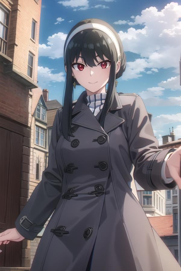 yorbriar, <lyco:yor briar s1-lyco-nochekaiser:1>, yor briar, black hair, (red eyes:1.5), earrings, white hairband, hairband, long hair, sidelocks, smile,BREAK coat, trench coat,BREAK outdoors, city, sky, clouds, sun,BREAK looking at viewer, (cowboy shot:1.5),BREAK <lyco:GoodHands-beta2:1>, (masterpiece:1.2), best quality, high resolution, unity 8k wallpaper, (illustration:0.8), (beautiful detailed eyes:1.6), extremely detailed face, perfect lighting, extremely detailed CG, (perfect hands, perfect anatomy),