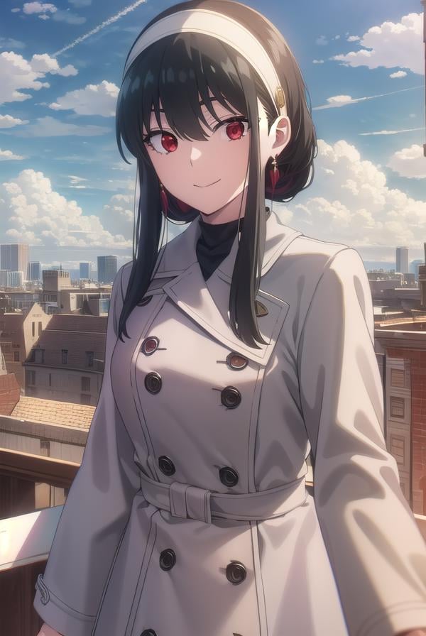 yorbriar, <lyco:yor briar s1-lyco-nochekaiser:1>, yor briar, black hair, (red eyes:1.5), earrings, white hairband, hairband, long hair, sidelocks, smile,BREAK coat, trench coat,BREAK outdoors, city, sky, clouds, sun,BREAK looking at viewer, (cowboy shot:1.5),BREAK <lyco:GoodHands-beta2:1>, (masterpiece:1.2), best quality, high resolution, unity 8k wallpaper, (illustration:0.8), (beautiful detailed eyes:1.6), extremely detailed face, perfect lighting, extremely detailed CG, (perfect hands, perfect anatomy),