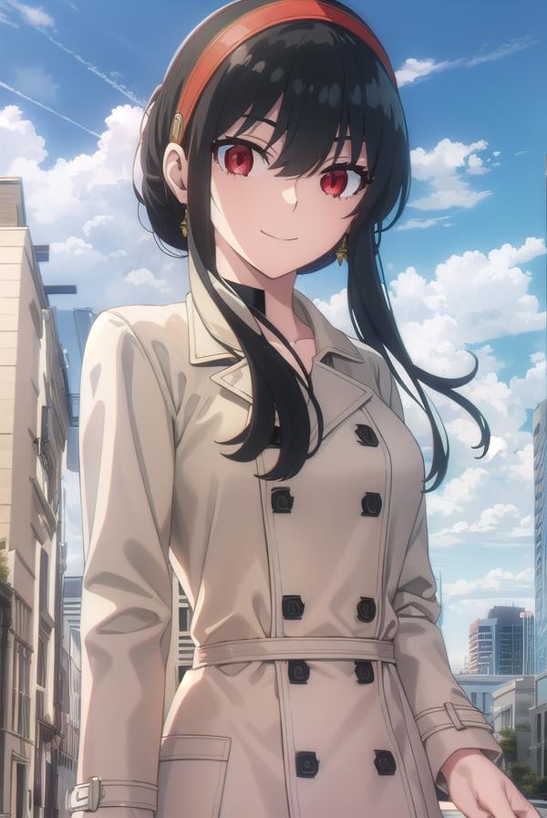 yorbriar, <lyco:yor briar s1-lyco-nochekaiser:1>, yor briar, black hair, (red eyes:1.5), earrings, white hairband, hairband, long hair, sidelocks, smile,BREAK coat, trench coat,BREAK outdoors, city, sky, clouds, sun,BREAK looking at viewer, (cowboy shot:1.5),BREAK <lyco:GoodHands-beta2:1>, (masterpiece:1.2), best quality, high resolution, unity 8k wallpaper, (illustration:0.8), (beautiful detailed eyes:1.6), extremely detailed face, perfect lighting, extremely detailed CG, (perfect hands, perfect anatomy),