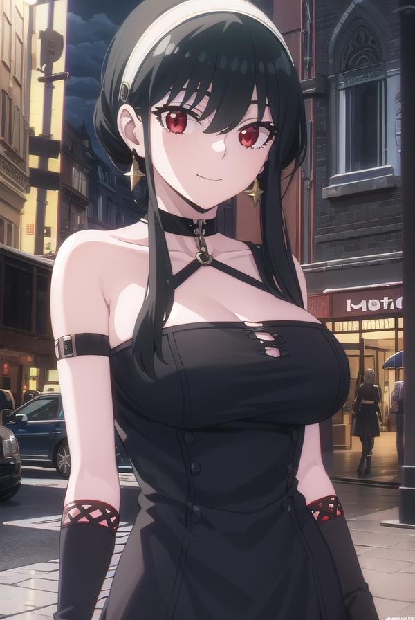 yorbriar, <lyco:yor briar s1-lyco-nochekaiser:1>, yor briar, black hair, (red eyes:1.5), earrings, white hairband, hairband, long hair, sidelocks, smile,BREAK thighhighs, gloves, dress, cleavage, jewelry, earrings, black gloves, black thighhighs, fingerless gloves, (black dress:1.5), choker, bare shoulders, collarbone, strap,BREAK outdoors, night, city, sky, moon, clouds, star \(sky\),BREAK looking at viewer, (cowboy shot:1.5),BREAK <lyco:GoodHands-beta2:1>, (masterpiece:1.2), best quality, high resolution, unity 8k wallpaper, (illustration:0.8), (beautiful detailed eyes:1.6), extremely detailed face, perfect lighting, extremely detailed CG, (perfect hands, perfect anatomy),