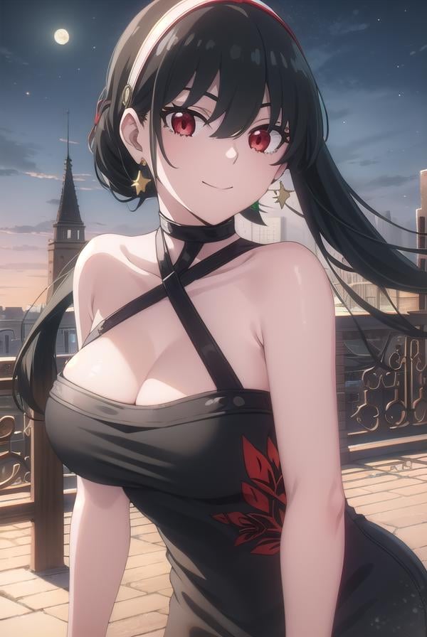 yorbriar, <lyco:yor briar s1-lyco-nochekaiser:1>, yor briar, black hair, (red eyes:1.5), earrings, white hairband, hairband, long hair, sidelocks, smile,BREAK thighhighs, gloves, dress, cleavage, jewelry, earrings, black gloves, black thighhighs, fingerless gloves, (black dress:1.5), choker, bare shoulders, collarbone, strap,BREAK outdoors, night, city, sky, moon, clouds, star \(sky\),BREAK looking at viewer, (cowboy shot:1.5),BREAK <lyco:GoodHands-beta2:1>, (masterpiece:1.2), best quality, high resolution, unity 8k wallpaper, (illustration:0.8), (beautiful detailed eyes:1.6), extremely detailed face, perfect lighting, extremely detailed CG, (perfect hands, perfect anatomy),