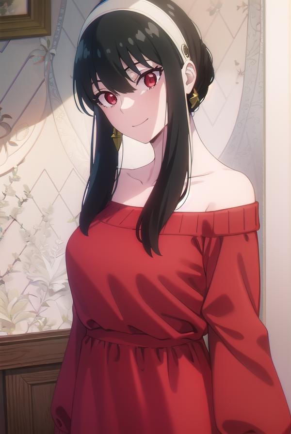 yorbriar, <lyco:yor briar s1-lyco-nochekaiser:1>, yor briar, black hair, (red eyes:1.5), earrings, white hairband, hairband, long hair, sidelocks, smile,BREAK bare shoulders, collarbone, dress, long sleeves, off shoulder, off-shoulder dress, off-shoulder sweater, pantyhose, red sweater, sweater, sweater dress, thighs,BREAK indoors,BREAK looking at viewer, (cowboy shot:1.5),BREAK <lyco:GoodHands-beta2:1>, (masterpiece:1.2), best quality, high resolution, unity 8k wallpaper, (illustration:0.8), (beautiful detailed eyes:1.6), extremely detailed face, perfect lighting, extremely detailed CG, (perfect hands, perfect anatomy),