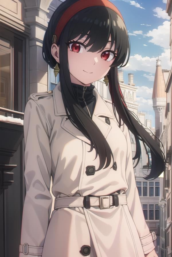 yorbriar, <lyco:yor briar s1-lyco-nochekaiser:1>, yor briar, black hair, (red eyes:1.5), earrings, white hairband, hairband, long hair, sidelocks, smile,BREAK coat, trench coat,BREAK outdoors, city, sky, clouds, sun,BREAK looking at viewer, (cowboy shot:1.5),BREAK <lyco:GoodHands-beta2:1>, (masterpiece:1.2), best quality, high resolution, unity 8k wallpaper, (illustration:0.8), (beautiful detailed eyes:1.6), extremely detailed face, perfect lighting, extremely detailed CG, (perfect hands, perfect anatomy),