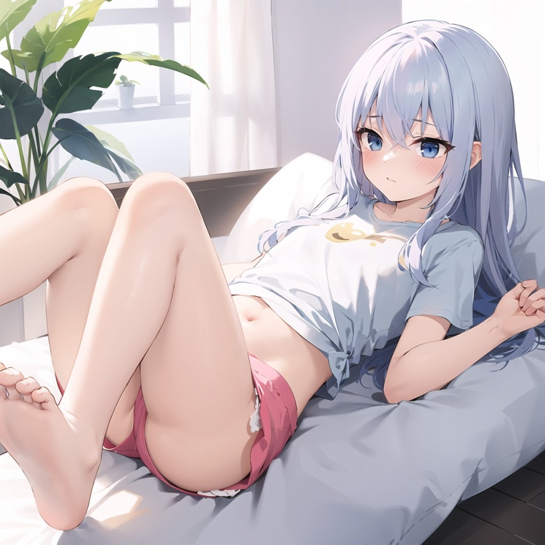  masterpiece, best quality,backlight,Tyndall effect,Crepuscular Rays,1girl,white_hairbangs,long hair,French braid,blue eyes,cold expression,lightseagreen T-shirt,navel,fetal_position ,pumpkin pants ,small_breasts,No shoes on,bedroom,White cloth sofa,White blanket,Dieffenbachia seguine Schott,White curtains,bare feet,bare legs,sole,foot focus,