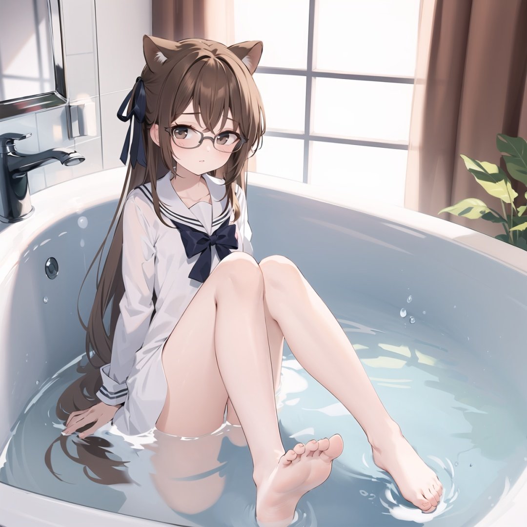  1girl, brown hair, glasses, barefoot, solo, brown eyes, bathtub, sitting, ribbon, looking at viewer, long hair, hair ribbon, sailor collar, couch, bare legs, feet, legs, curtains, cosplay, indoors, white sailor collar, dress