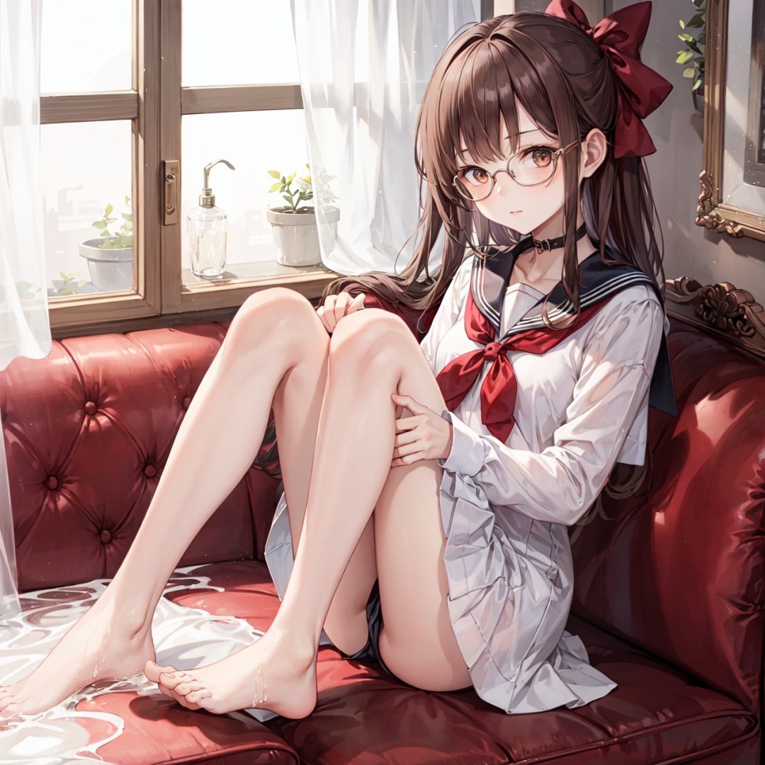  1girl, brown hair, glasses, barefoot, solo, brown eyes, bathtub, sitting, ribbon, looking at viewer, long hair, hair ribbon, sailor collar, couch, bare legs, feet, legs, curtains, cosplay, indoors, white sailor collar, dress