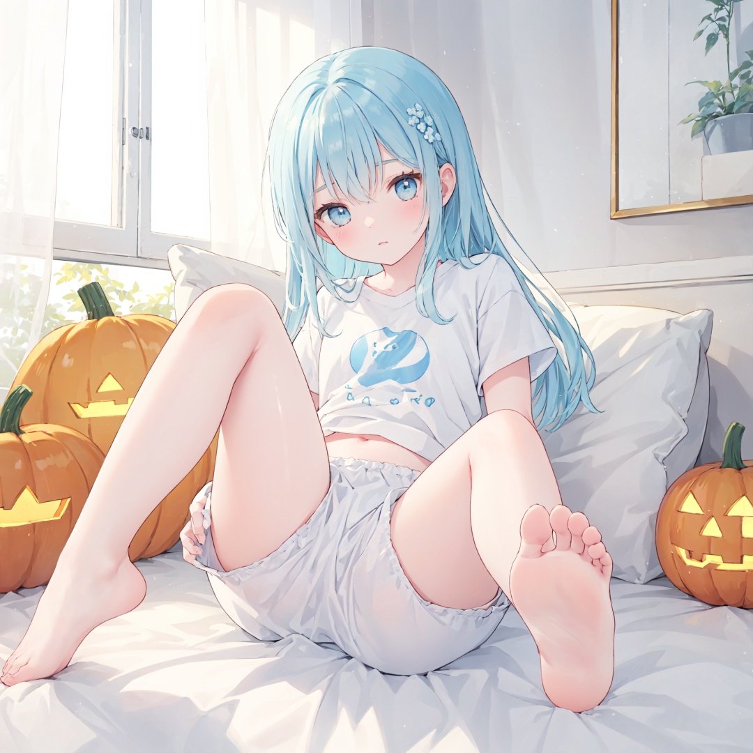  masterpiece, best quality,backlight,Tyndall effect,Crepuscular Rays,1girl,white_hairbangs,long hair,French braid,blue eyes,cold expression,lightseagreen T-shirt,navel,fetal_position ,pumpkin pants
,small_breasts,No shoes on,bedroom,White cloth sofa,White blanket,Dieffenbachia seguine Schott,White curtains,bare feet,bare legs,sole,foot focus,