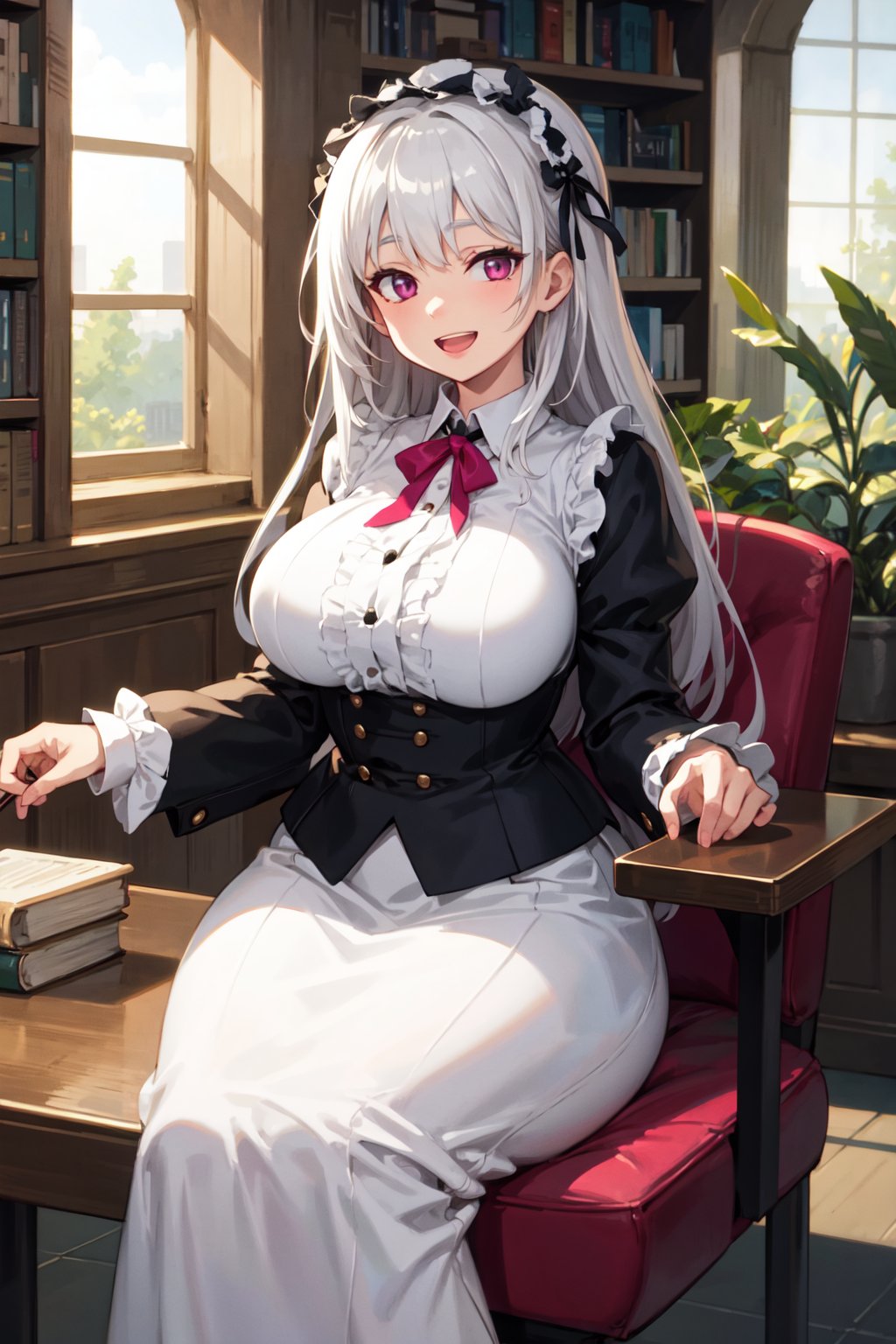 (masterpiece, best quality, extremely detailed), ray tracing, perfect illumination, 8k, ultra-detailed, HDR, absudres, high quality, looking at viewer, (illustration:1.35),

1girl, mature female, grey hair, white hair, magenta eyes, white gothic lolita dress, long sleeves, curvy, large breasts, wide hips, smile, open mouth, upper teeth, sweet smile, sitting,

library, table,
