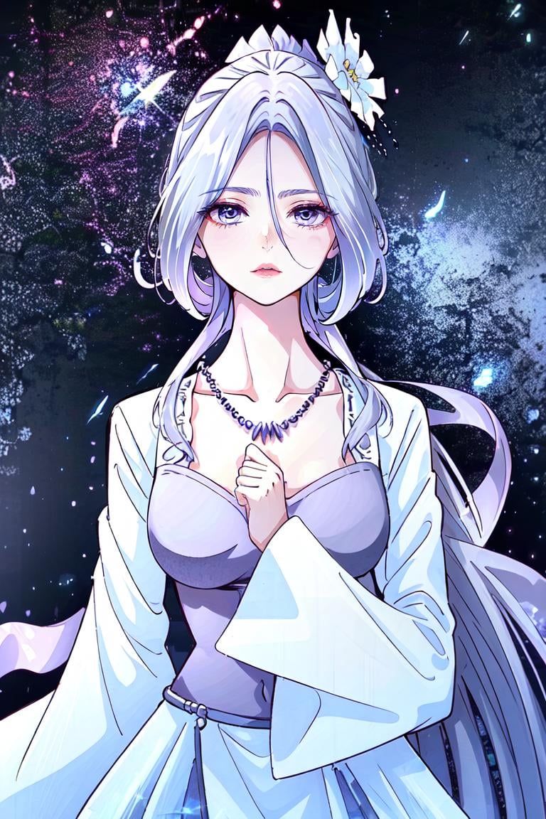 a woman in a long white dress ,hanfu, official art, a character portrait,  shawl,  , white clothes, neck jewelly, contrast, no collar, hair covering face, very long hair. light purple shawl, pibo,  side view, upper body, Close-up,face focus,Chu qingcheng, seethrough veil, flying shawl, jewelly, chu qingcheng clothes, manhua style,  mouth, nose, face detail, flying, sky, cloud, night, long flared skirt, don't show thighs, illustration, long sleeve, wide, sleeve, looking at viewer, necklace <lora:Chu_Qingcheng1-000008:0.8>, masterpiece,ultra realistic,32k,extremely detailed CG unity 8k wallpaper, best quality