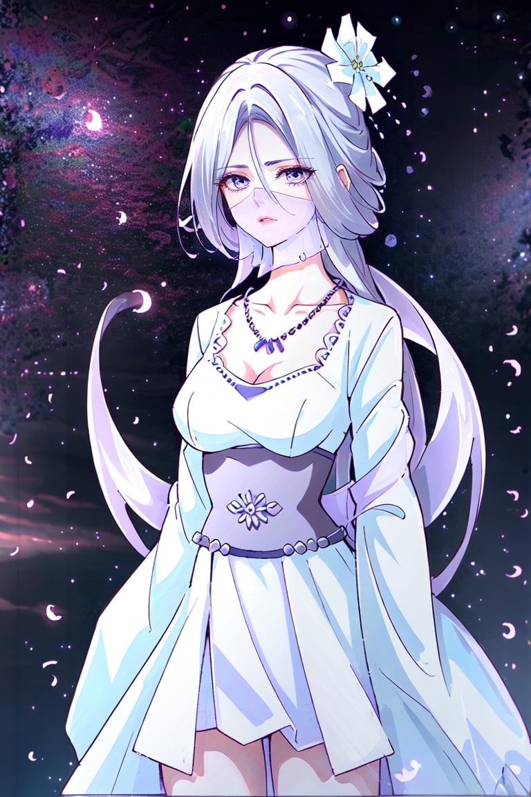 a woman in a long white dress ,hanfu, official art, a character portrait,  shawl,  , white clothes, neck jewelly, contrast, no collar, hair covering face, very long hair. light purple shawl, pibo,  side view, upper body, Close-up,face focus,Chu qingcheng, seethrough veil, flying shawl, jewelly, chu qingcheng clothes, manhua style,  mouth, nose, face detail, flying, sky, cloud, night, long flared skirt, don't show thighs, illustration, long sleeve, wide, sleeve, looking at viewer, necklace <lora:Chu_Qingcheng1-000008:0.8>, masterpiece,ultra realistic,32k,extremely detailed CG unity 8k wallpaper, best quality