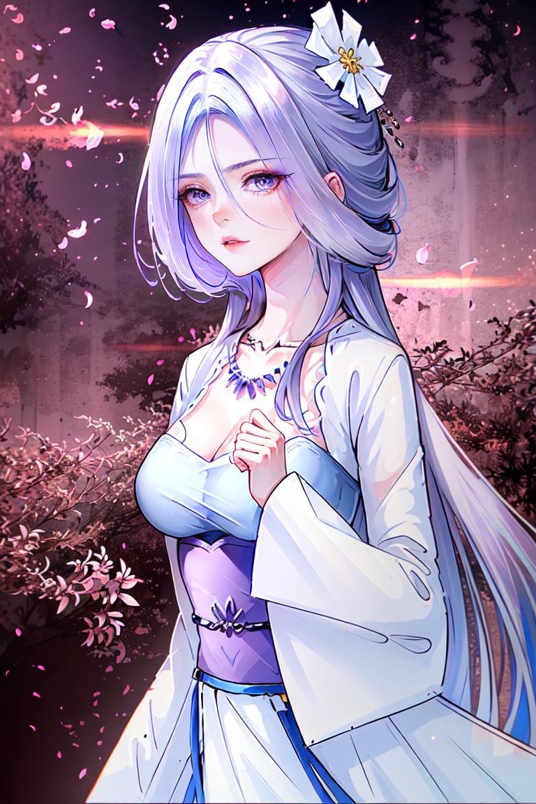 a woman in a long white dress ,hanfu, official art, a character portrait,  shawl,  , white clothes, neck jewelly, contrast, no collar, hair covering face, very long hair. light purple shawl, pibo,  side view, upper body, Close-up,face focus,Chu qingcheng, seethrough veil, flying shawl, jewelly, chu qingcheng clothes, manhua style,  mouth, nose, face detail, flying, sky, cloud, night, long flared skirt, don't show thighs, illustration, long sleeve, wide, sleeve, looking at viewer, necklace <lora:Chu_Qingcheng1-000008:0.8>, masterpiece,ultra realistic,32k,extremely detailed CG unity 8k wallpaper, best quality