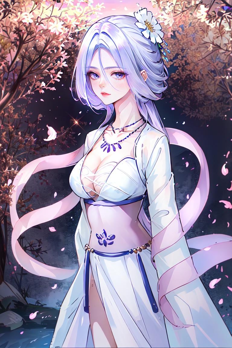 a woman in a long white dress ,hanfu, official art, a character portrait,  shawl,  , white clothes, neck jewelly, contrast, no collar, hair covering face, very long hair. light purple shawl, pibo,  side view, upper body, Close-up,face focus,Chu qingcheng, seethrough veil, flying shawl, jewelly, chu qingcheng clothes, manhua style,  mouth, nose, face detail, flying, sky, cloud, night, long flared skirt, don't show thighs, illustration, long sleeve, wide, sleeve, looking at viewer, necklace <lora:Chu_Qingcheng1-000008:0.8>, masterpiece,ultra realistic,32k,extremely detailed CG unity 8k wallpaper, best quality