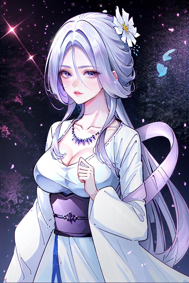 a woman in a long white dress ,hanfu, official art, a character portrait,  shawl,  , white clothes, neck jewelly, contrast, no collar, hair covering face, very long hair. light purple shawl, pibo,  side view, upper body, Close-up,face focus,Chu qingcheng, seethrough veil, flying shawl, jewelly, chu qingcheng clothes, manhua style,  mouth, nose, face detail, flying, sky, cloud, night, long flared skirt, don't show thighs, illustration, long sleeve, wide, sleeve, looking at viewer, necklace <lora:Chu_Qingcheng1-000008:0.8>, masterpiece,ultra realistic,32k,extremely detailed CG unity 8k wallpaper, best quality