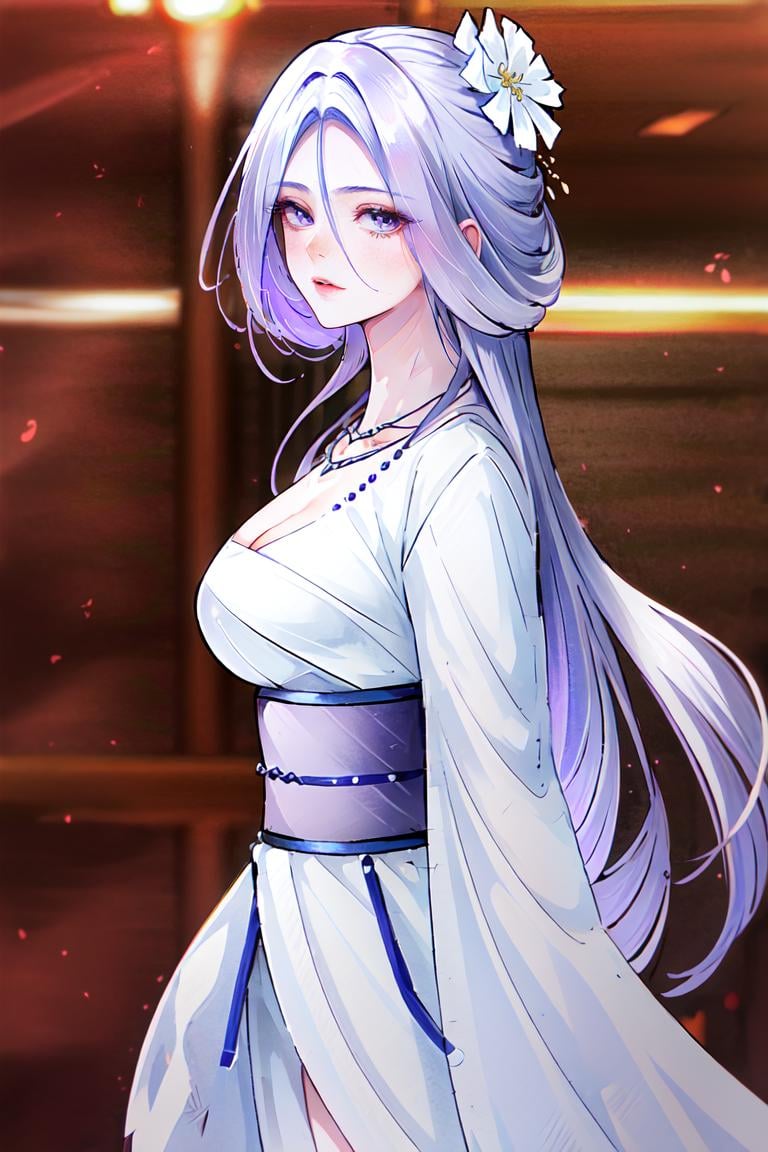 a woman in a long white dress ,hanfu, official art, a character portrait,  shawl,  , white clothes, neck jewelly, contrast, no collar, hair covering face, very long hair. light purple shawl, pibo,  side view, upper body, Close-up,face focus,Chu qingcheng, seethrough veil, flying shawl, jewelly, chu qingcheng clothes, manhua style,  mouth, nose, face detail, flying, sky, cloud, night, long flared skirt, don't show thighs, illustration, long sleeve, wide, sleeve, looking at viewer, necklace <lora:Chu_Qingcheng1-000008:0.8>, masterpiece,ultra realistic,32k,extremely detailed CG unity 8k wallpaper, best quality