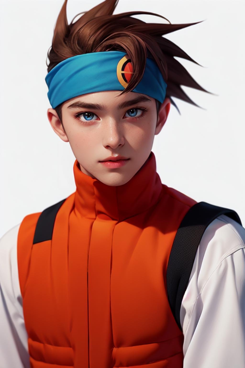 Hikari_MM,  brown hair,  spiked hair,  blue headband,  brown eyes,  turtleneck,  orange vest,  white shirt long sleeves,  black shorts,  orange footwear,  sneakers,  1boy,  , realistic, 1guy,<lora:EMS-86915-EMS:0.800000>