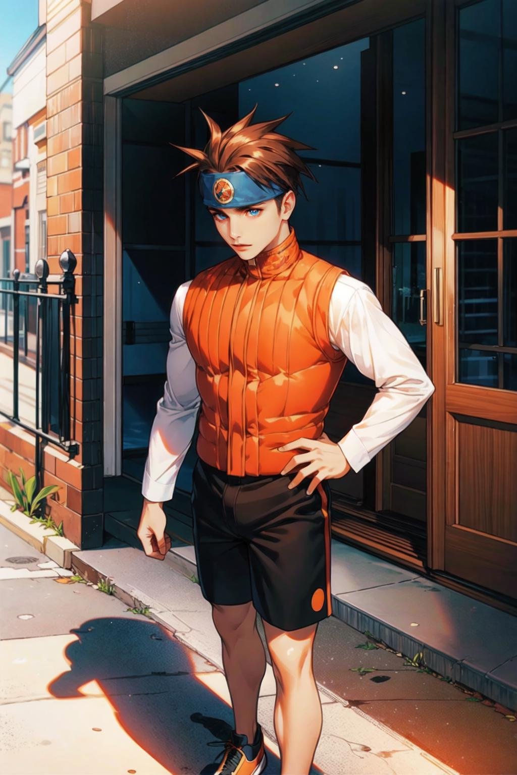 Hikari_MM,  brown hair,  spiked hair,  blue headband,  brown eyes,  turtleneck,  orange vest,  white shirt long sleeves,  black shorts,  orange footwear,  sneakers,  1boy, 1boy,<lora:EMS-86915-EMS:0.800000>