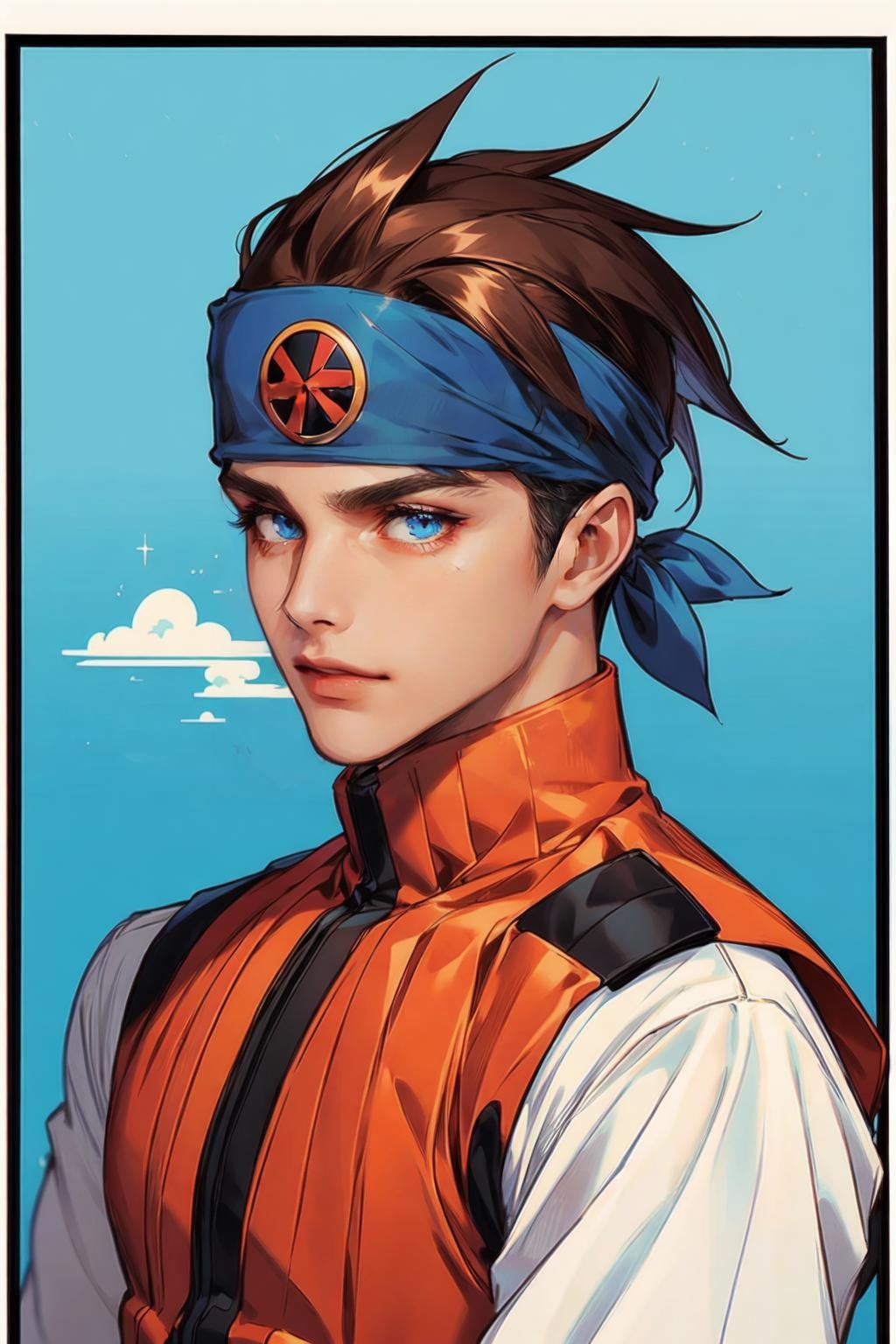 (poster:1.2),  broad line,  cowboy_shot,  [[upper body]],  middle age guy,  (solo),  adult,  handsome,  simple background, cloudstick,  Hikari_MM,  brown hair,  spiked hair,  blue headband,  brown eyes,  turtleneck,  orange vest,  white shirt long sleeves,  black shorts,  orange footwear,  sneakers,  1boy,<lora:EMS-86915-EMS:0.800000>