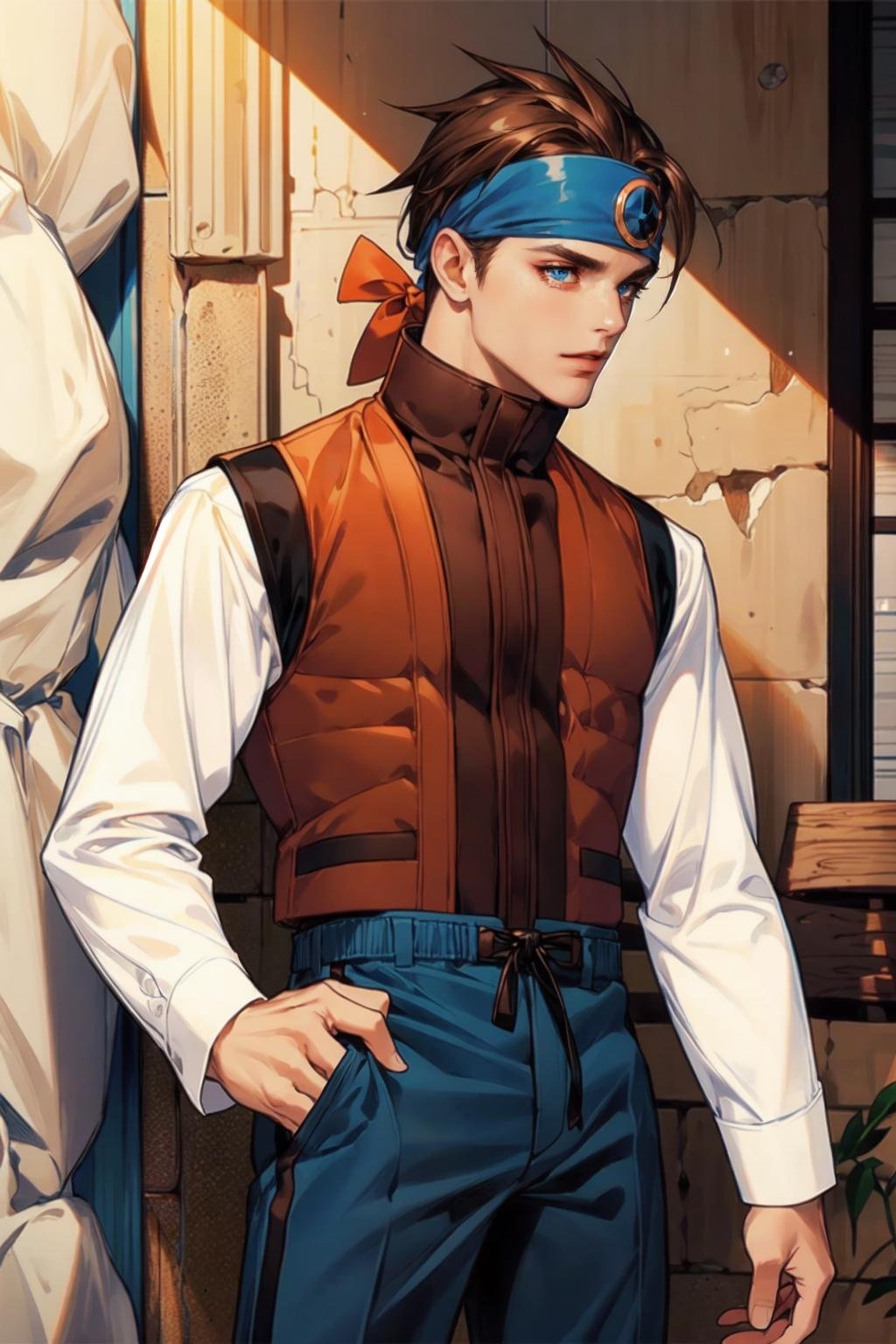 (cowboy_shot:1.1),  1 guy,  solo,  adult,  (mature:0.95),  tall,  handsome man,  in the room,  stone wall,  Hikari_MM,  brown hair,  spiked hair,  blue headband,  brown eyes,  turtleneck,  orange vest,  white shirt long sleeves,  black shorts,  orange footwear,  sneakers,  1boy,<lora:EMS-86915-EMS:0.800000>