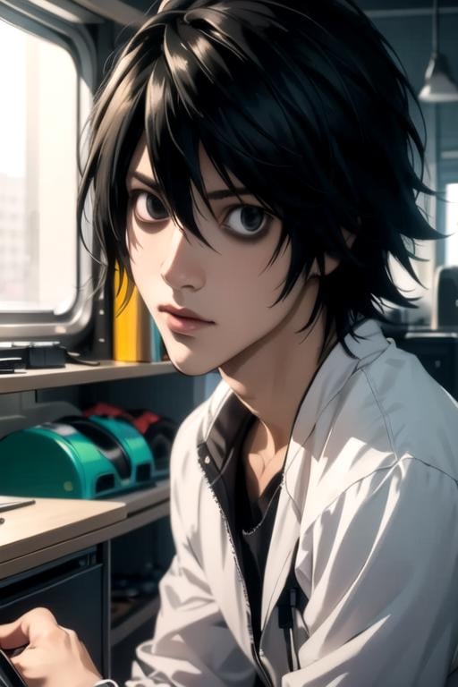 masterpiece, best quality, game cg, 1boy, solo, male focus, looking at viewer, , depth of field, ligne claire, , <lora:l_lawliet:0.8>, l_lawliet, black hair, black eyes, hair between eyes, , windbreaker, , science fantasy, 2k resolution