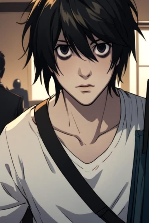 masterpiece, best quality, , 1boy, solo, male focus, looking at viewer, upper body, depth of field, , , <lora:l_lawliet:0.72>, l_lawliet, black hair, black eyes, hair between eyes, bags under eyes, , ,