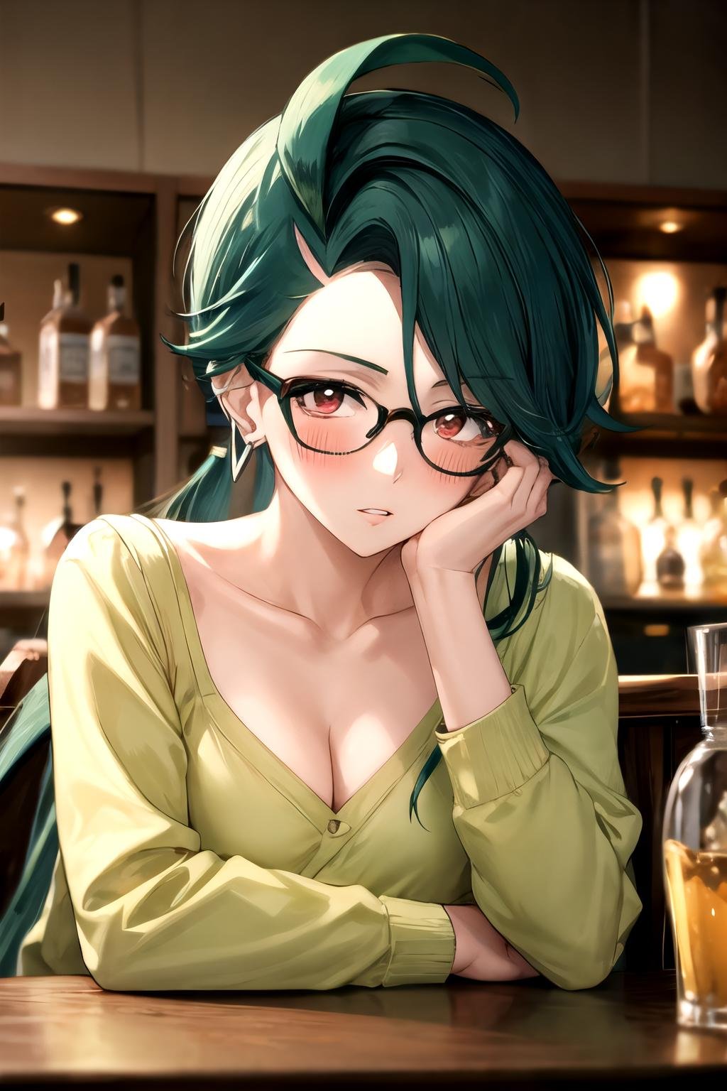 rika pokemon, collarbone, indoors, earrings, blurry, parted lips, looking at viewer,arm rest, hands on table, upper body, cleavage, solo, blurry background, jewelry, blush, 1girl, glasses, bar  <lora:rika_pokemon:1> 