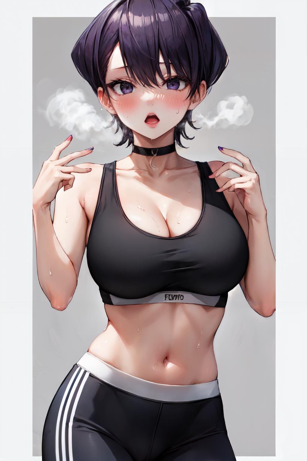 <lora:komi_shuuko:1> komi shuuko, collarbone, open mouth, sweat, grey background, cleavage, sports bra, choker, solo, navel, panties, black choker, large breasts, underwear, blush, simple background, looking at viewer, v, mature female, 1girl, selfie