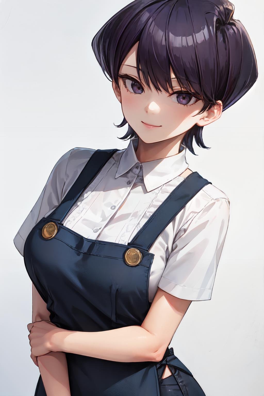 <lora:komi_shuuko:1>komi shuuko, simple background, looking at viewer, smile,  mature female,  1girl,  solo, apron, white background, large breasts,  white shirt, short sleeves, upper body