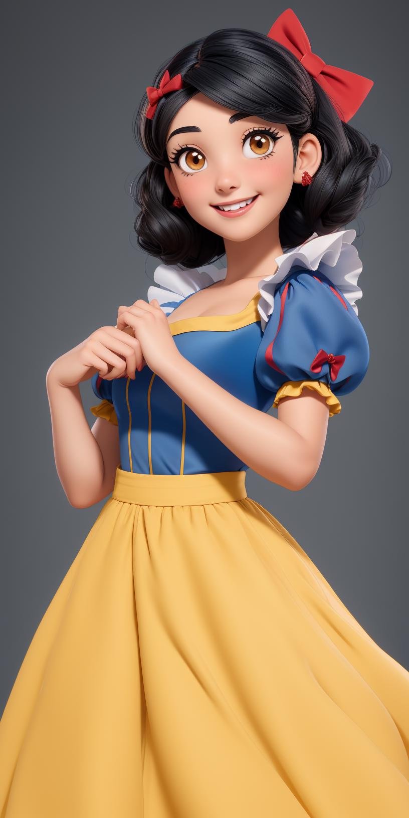 Female character, fair skin, black bobbed hair with a red bow, brown eyes, wearing a blue blouse with puffy sleeves and a high white collar, yellow floor-length skirt, smiling, close up photo, <lora:Snow_White:1>