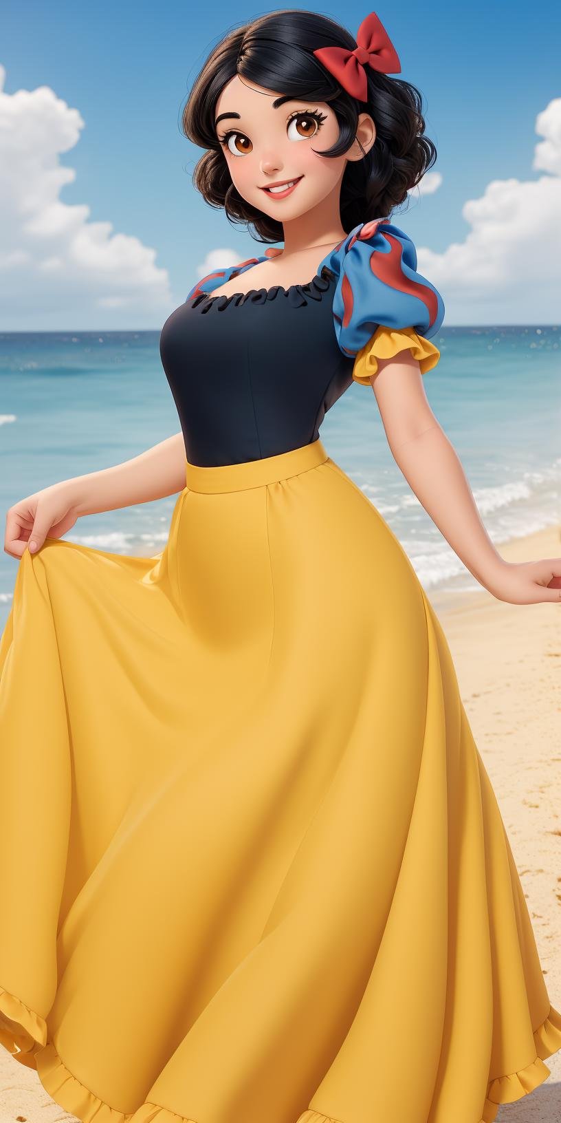 Female character, fair skin, black bobbed hair with a red bow, brown eyes, wearing a blue blouse with puffy sleeves and a high white collar, yellow floor-length skirt, smiling, close up photo, <lora:Snow_White:1>, ocean, sand, sun,