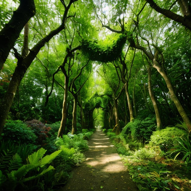 (best quality,highres),gigantic,aggressive plants,magical forest,enchanted garden,otherworldly scene,lush foliage,colorful flowers,towering trees,strange and eerie atmosphere,mysterious creatures,huge leaves,vivid colors,dark and twisted branches,tangled vines,glimmering lights