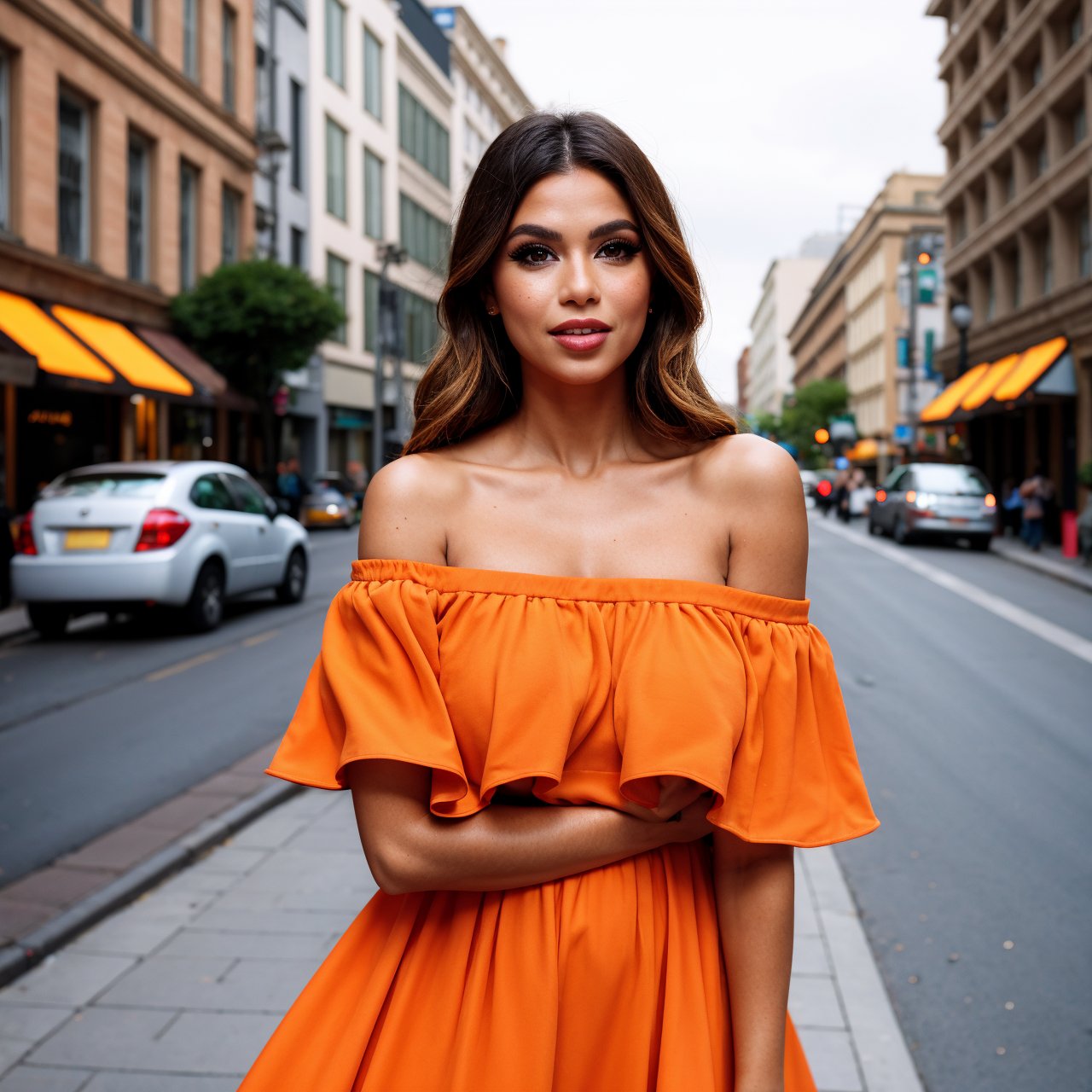 a woman posing on the street corner with orange dress on, best quality, 1girl, , day, bright, blur background, bokeh, outdoor, (street:0.8), (people, crowds:0.8), (off-shoulder dress:1.2), gorgeoaided bangs:1.2), beautiful detailed sky, (dynamic pose:1.2), soft lighting, wind, shiny skin, (upper body:0.8), (freckles:0.8), mole under mouth,