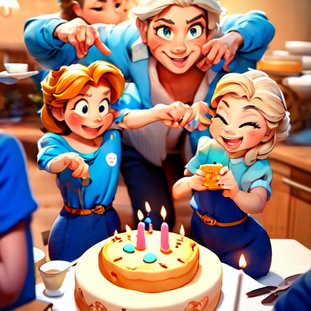 A large happy children's birthday party scene with 4-6 children, cake, candles and Elsa from Disney's Frozen standing in the background, celebration style, detailed depiction of the facial structure of the characters, bright overall colors, candles on the cake, by Charles M. Schulz