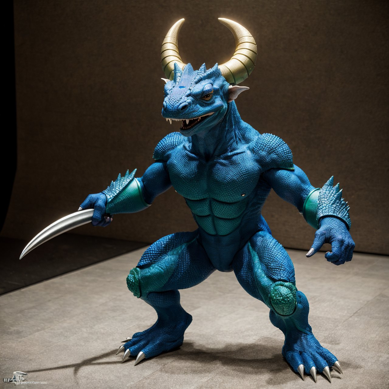 fking_scifi anthropomorphic Komodo Dragon King. Show the whole body. The skin color is blue-green. The presence of horns on the head. Armor with intricate details. Rich in scale texture. Professional studio shots. Ultra-realistic, intricate details