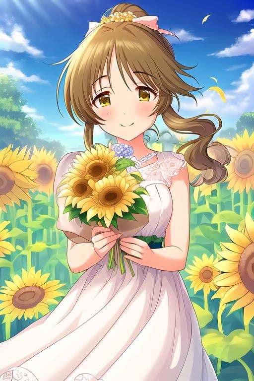 Takamori Aiko, 1girl,  blue sky, blush, bouquet, brown hair, dress, flower, holding, holding bouquet, long hair, outdoors, ponytail, sky, smile, solo, sunflower, white dress<lora:deresute-v1.2:1>