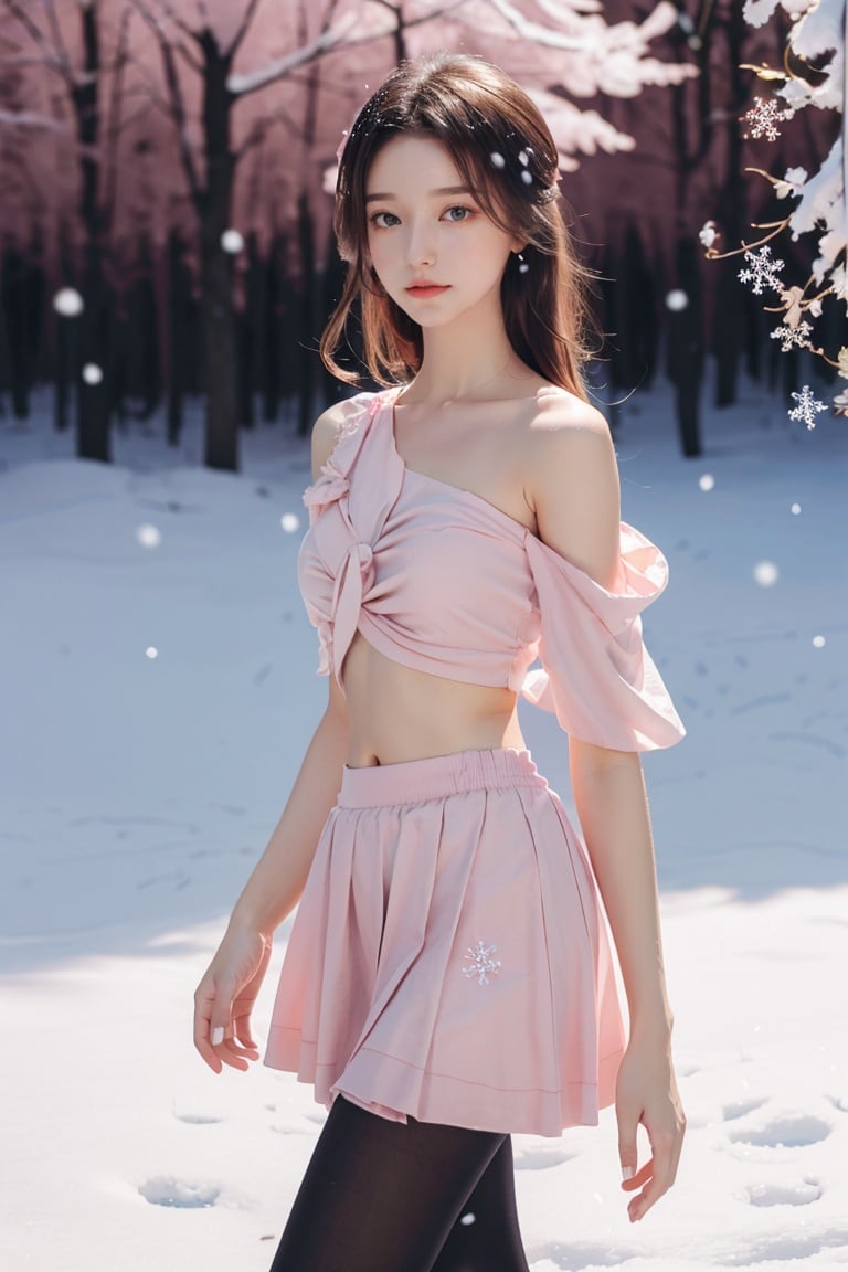  DSLR ,(masterpiece), (top quality, best quality, official art, beauty and aesthetics:1.2),Hazy, dreamy atmosphere,Ray tracing, Gaussian blur,Halos, particle effects,cg photos,1girl,(slender legs:1.3),long legs,long hair,Chest fluffy decoration, pink fluffy,(pink fluff:1.25), (pink skirt:1.25),(pink miniskirt:1.25),(black pantyhose:1.3),(pink ribbon:1.15),(solo:1.2),mature_female,(bare_shoulder:1.35),(bare_navel:1.35),(bare_waist:1.5),closed_mouth,smooth skin,(tight:1.2),(Short neck1.15),,Smooth skin, fair skin,tender skin,sexy girl,Royal Sister,RoyalSister face,looking_at_viewer,deep pink background, Snow background,falling_snow,(falling snowflakes:1.5),ice crystal,transparent,from_side, luowa