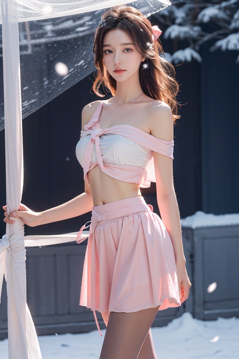  DSLR ,(masterpiece), (top quality, best quality, official art, beauty and aesthetics:1.2),Hazy, dreamy atmosphere,Ray tracing, Gaussian blur,Halos, particle effects,cg photos,1girl,(slender legs:1.3),long legs,long hair,Chest fluffy decoration, pink fluffy,(pink fluff:1.25), (pink skirt:1.25),(pink miniskirt:1.25),(black pantyhose:1.3),(pink ribbon:1.15),(solo:1.2),mature_female,(bare_shoulder:1.35),(bare_navel:1.35),(bare_waist:1.5),closed_mouth,smooth skin,(tight:1.2),(Short neck1.15),,Smooth skin, fair skin,tender skin,sexy girl,Royal Sister,RoyalSister face,looking_at_viewer,deep pink background, Snow background,falling_snow,(falling snowflakes:1.5),ice crystal,transparent,from_side, luowa,moyou