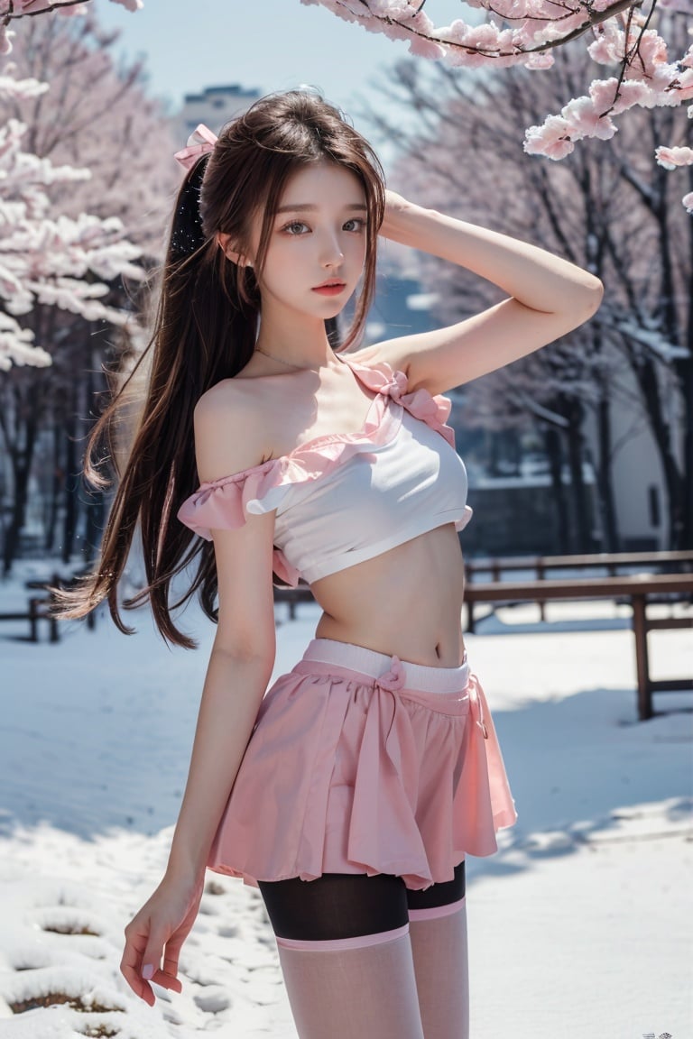  DSLR ,(masterpiece), (top quality, best quality, official art, beauty and aesthetics:1.2),Hazy, dreamy atmosphere,Ray tracing, Gaussian blur,Halos, particle effects,cg photos,1girl,(slender legs:1.3),long legs,long hair,Chest fluffy decoration, pink fluffy,(pink fluff:1.25), (pink skirt:1.25),(pink miniskirt:1.25),(black pantyhose:1.3),(pink ribbon:1.15),(solo:1.2),mature_female,(bare_shoulder:1.35),(bare_navel:1.35),(bare_waist:1.5),closed_mouth,smooth skin,(tight:1.2),(Short neck1.15),,Smooth skin, fair skin,tender skin,sexy girl,Royal Sister,RoyalSister face,looking_at_viewer,deep pink background, Snow background,falling_snow,(falling snowflakes:1.5),ice crystal,transparent,from_side, luowa