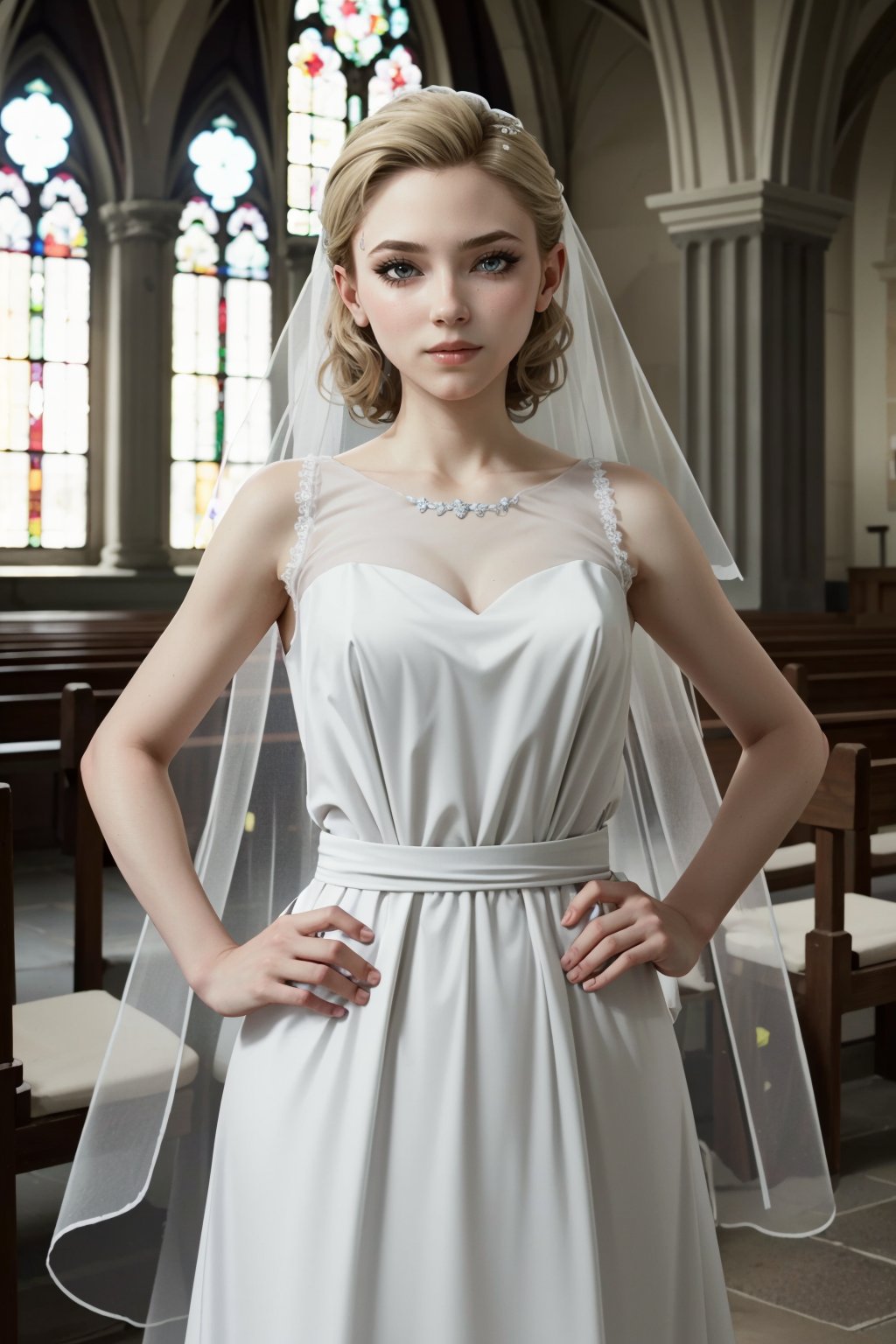 ((masterpiece, best quality))
DChloe, 1girl, solo, wearing a stunning wedding dress, bridal veil, inside a beautiful church, with hands on hips
