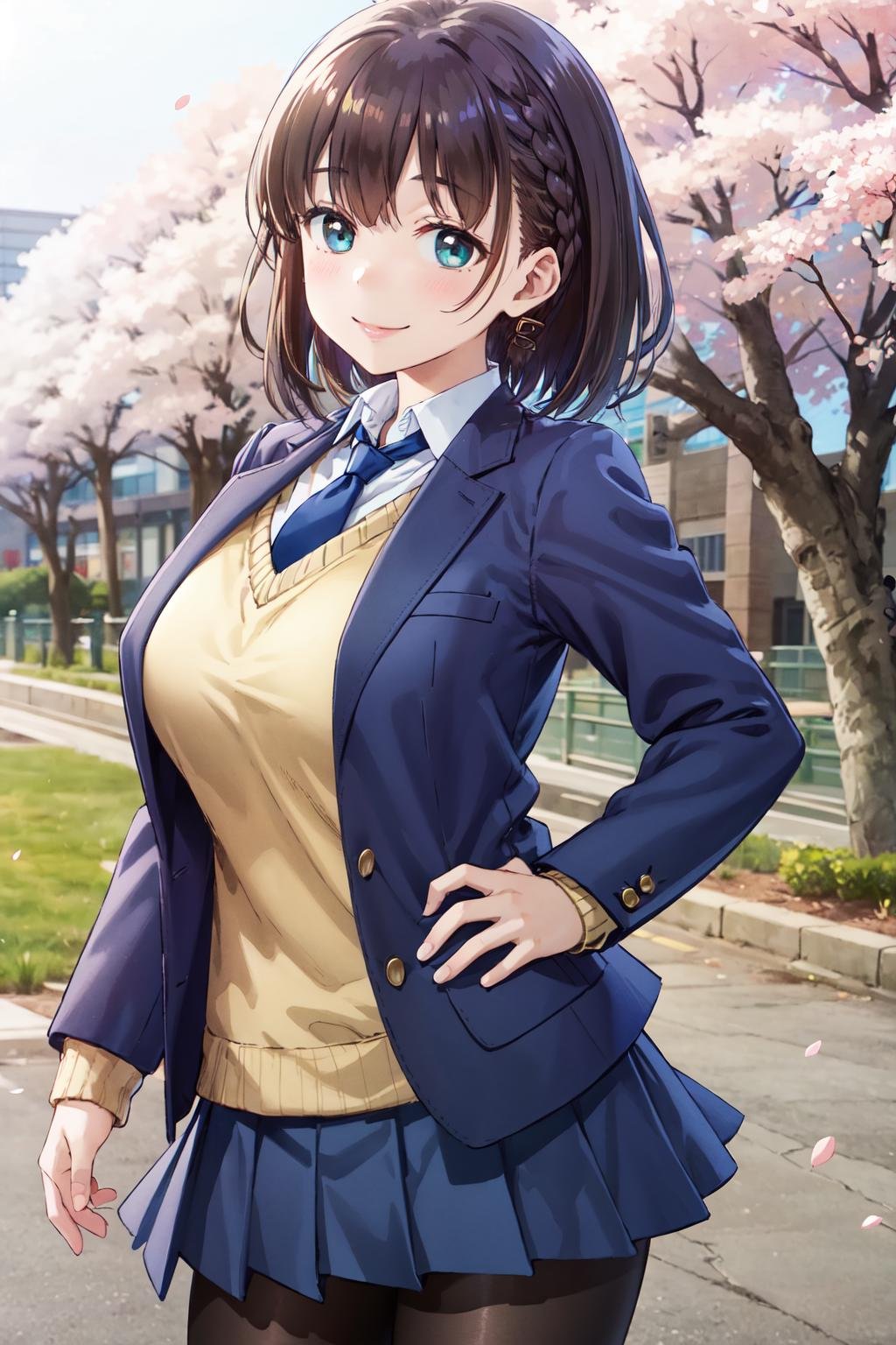 masterpiece,best quality,highres,ultra-detailed,aaai,short hair,bangs,side braid,large breasts,blazer,necktie,school uniform,sweater,shirt,long sleeves,skirt,pantyhose,loafers,<lora:ai-chan_(tawawa):0.8>,cowboy shot,outdoors,cherry blossoms,smile, 