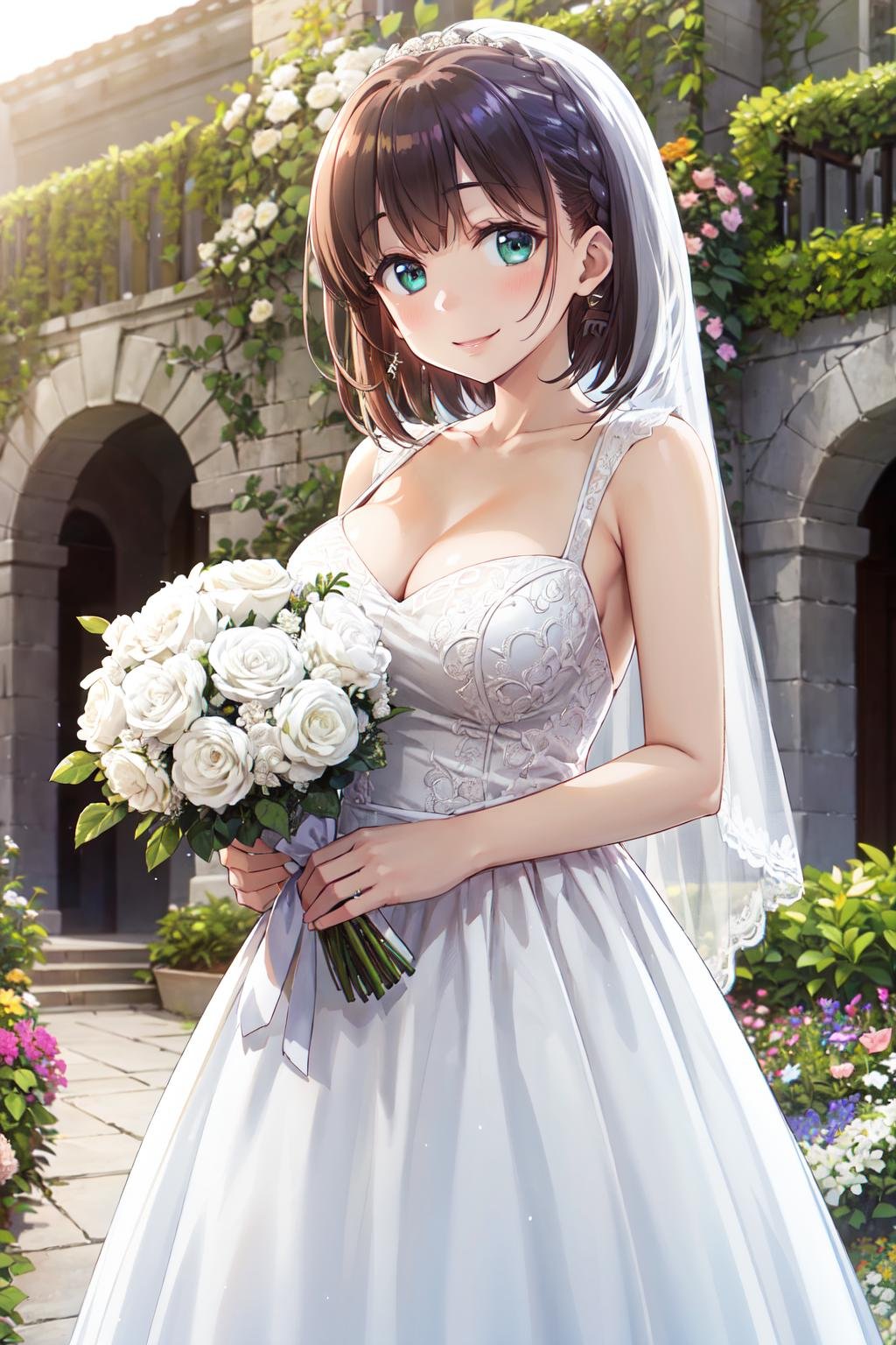 masterpiece,best quality,highres,ultra-detailed,aaai,short hair,bangs,side braid,large breasts,<lora:ai-chan_(tawawa):0.8>,wedding dress, white dress, garden, smile, outdoors, standing, cowboy shot, holding bouquet,