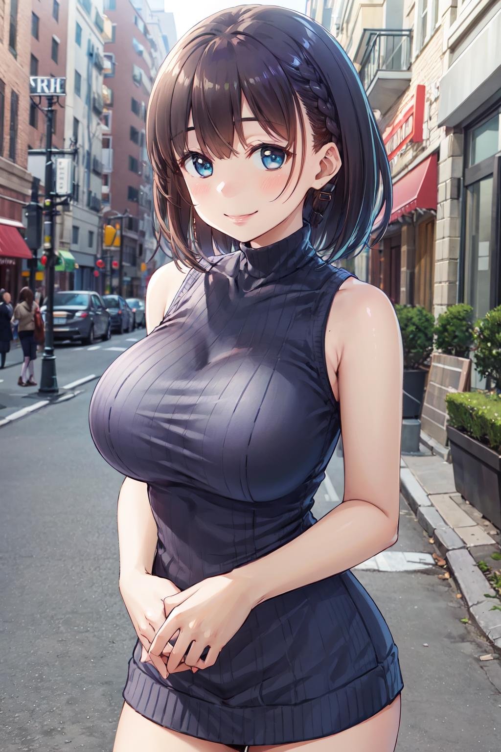 masterpiece,best quality,highres,ultra-detailed,aaai,short hair,bangs,side braid,large breasts,<lora:ai-chan_(tawawa):0.8>,standing,sweater dress,turtleneck,street,smile,hands_on_lap,sleeveless,