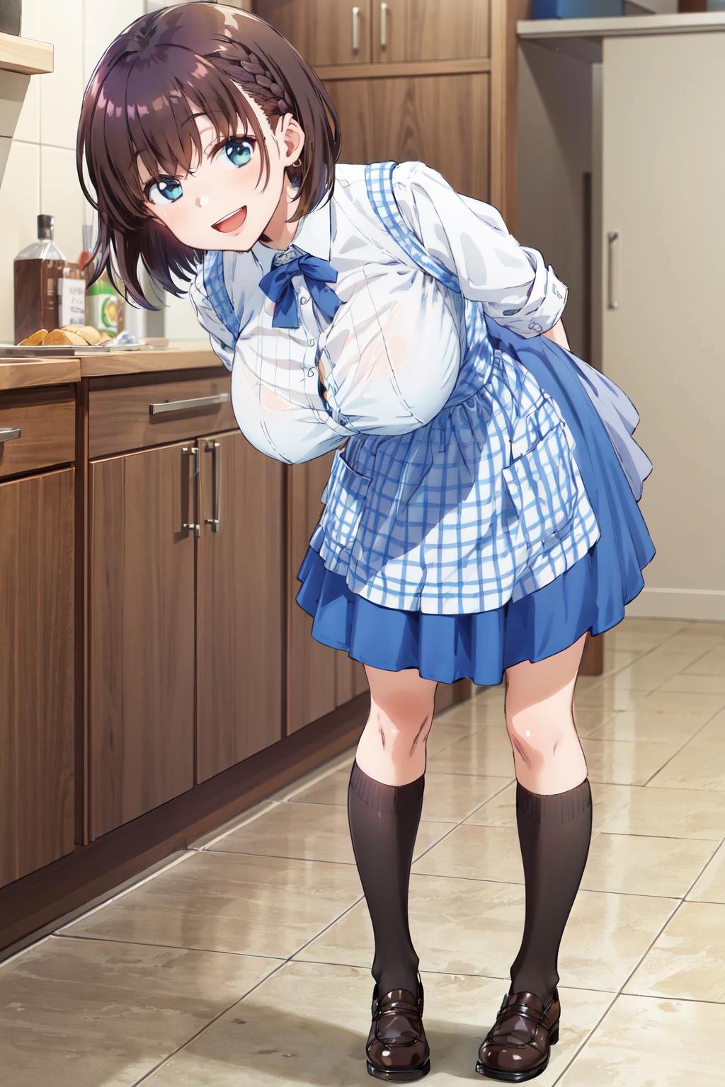 masterpiece,best quality,highres,ultra-detailed,bbai,short hair,side braid,large breasts,white shirt,Plaid apron,blue apron,blue skirt,black socks,kneehighs,brown footwear,<lora:ai-chan_(tawawa):0.8>,indoors,behind back,standing,cowboy shot,(leaning forward:1.2),smile,open mouth,