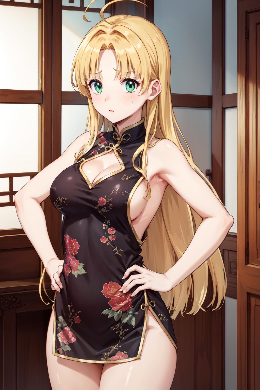masterpiece,best quality,highres,ultra-detailed,aaasia,long hair,ahoge,<lora:asia_argento:0.8>,bare shoulders,china dress,chinese clothes,short dress,cleavage cutout,sideboob,thighs,hands_on_hips,furrowed_brow,indoors,