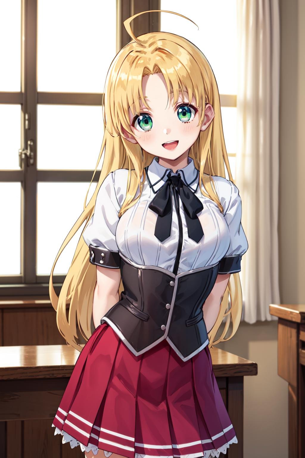 masterpiece,best quality,highres,ultra-detailed,aaasia,long hair,ahoge,school uniform,ribbon,shirt,short sleeves,corset,red skirt,<lora:asia_argento:0.8>,indoors,cowboy shot,smile,open mouth,arms_behind_back,