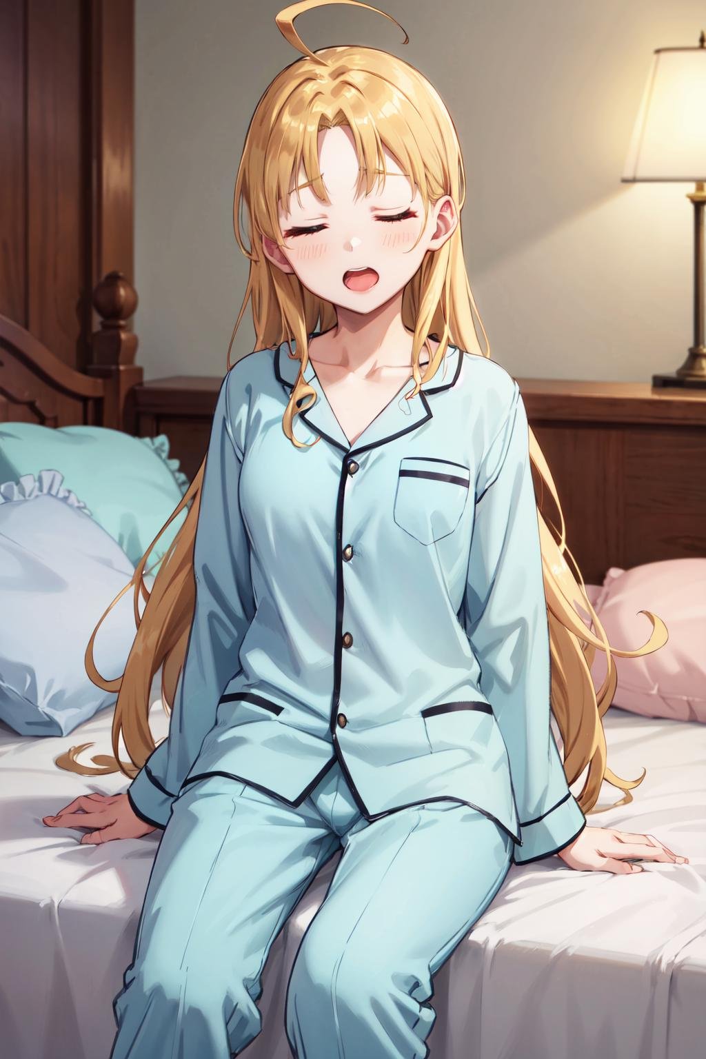 masterpiece,best quality,highres,ultra-detailed,aaasia,long hair,ahoge,<lora:asia_argento:0.8>,pajama,indoors,closed eyes,wavy mouth,open mouth,sitting,bed,night,