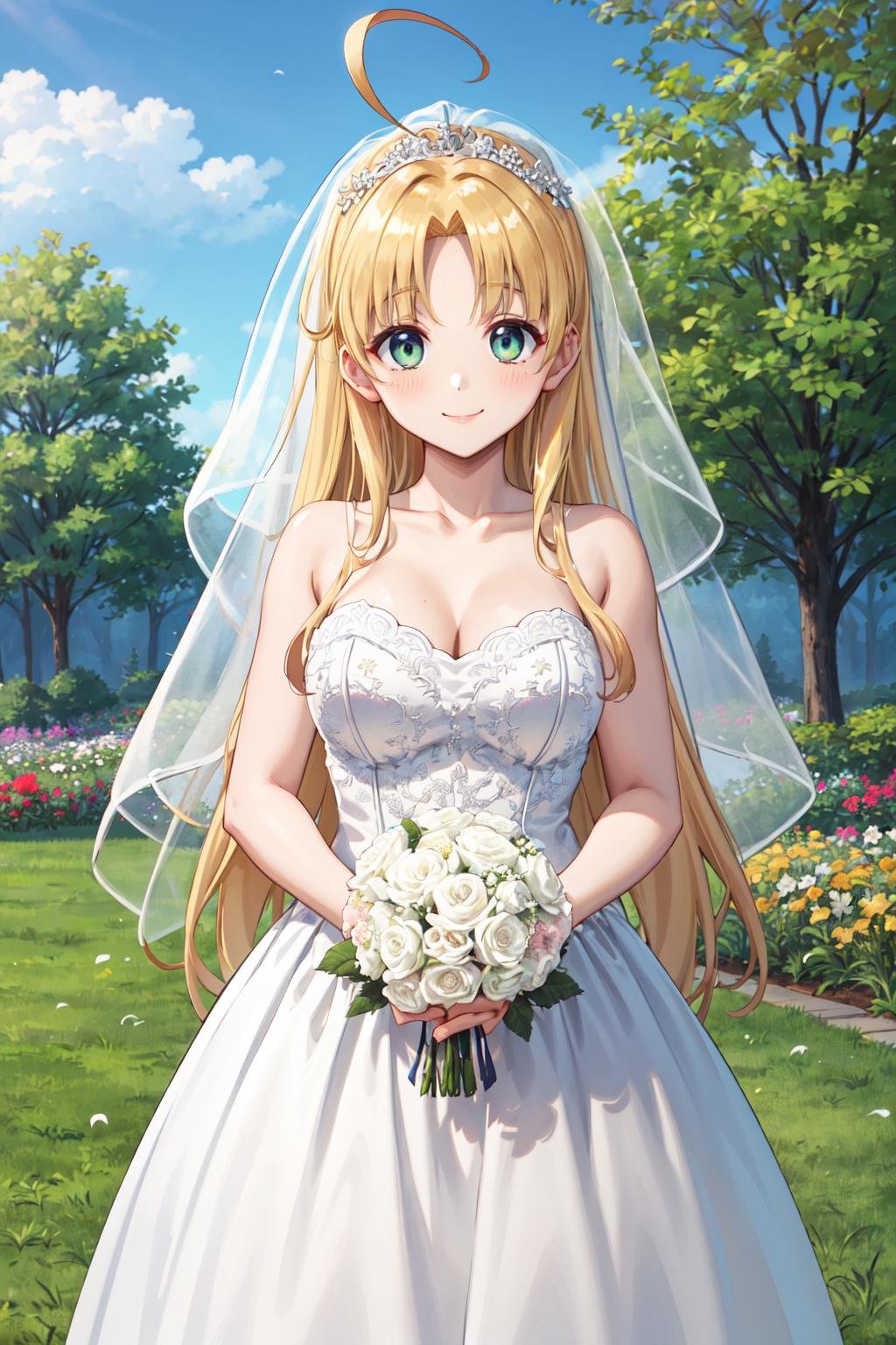 masterpiece,best quality,highres,ultra-detailed,aaasia,long hair,ahoge,<lora:asia_argento:0.8>,wedding dress, white dress, garden, smile, outdoors, standing, cowboy shot, holding bouquet,